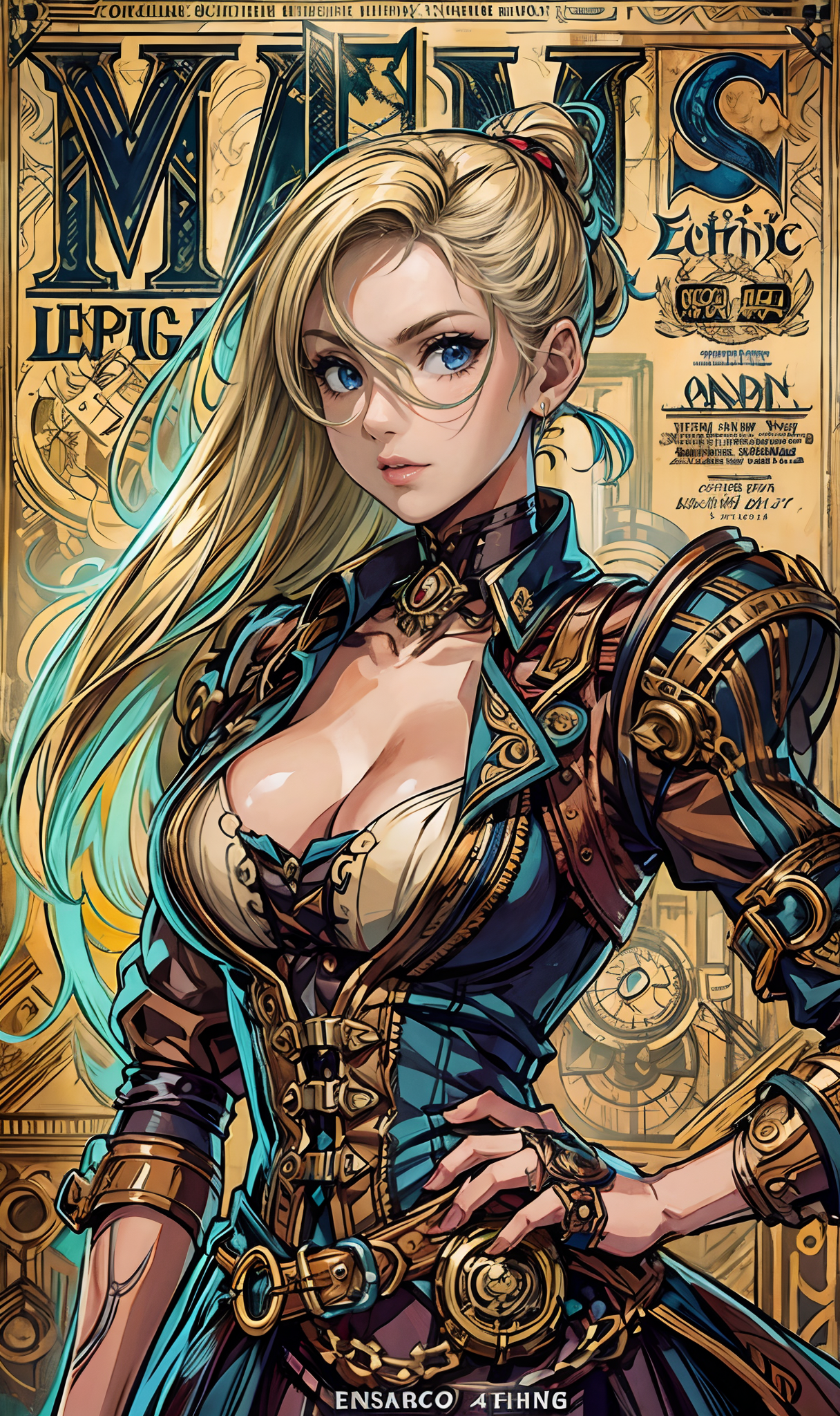 Stable Diffusion prompt: (Best Quality, Masterpiece), (steampunk theme), centered, front cover of fashion...