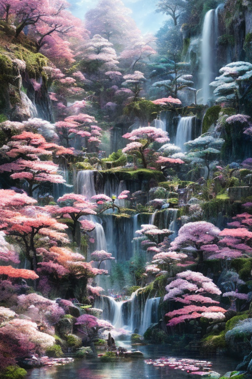 Openjourney prompt: long range view, Beautiful Japanese flower garden, waterfalls, pink and white, b...