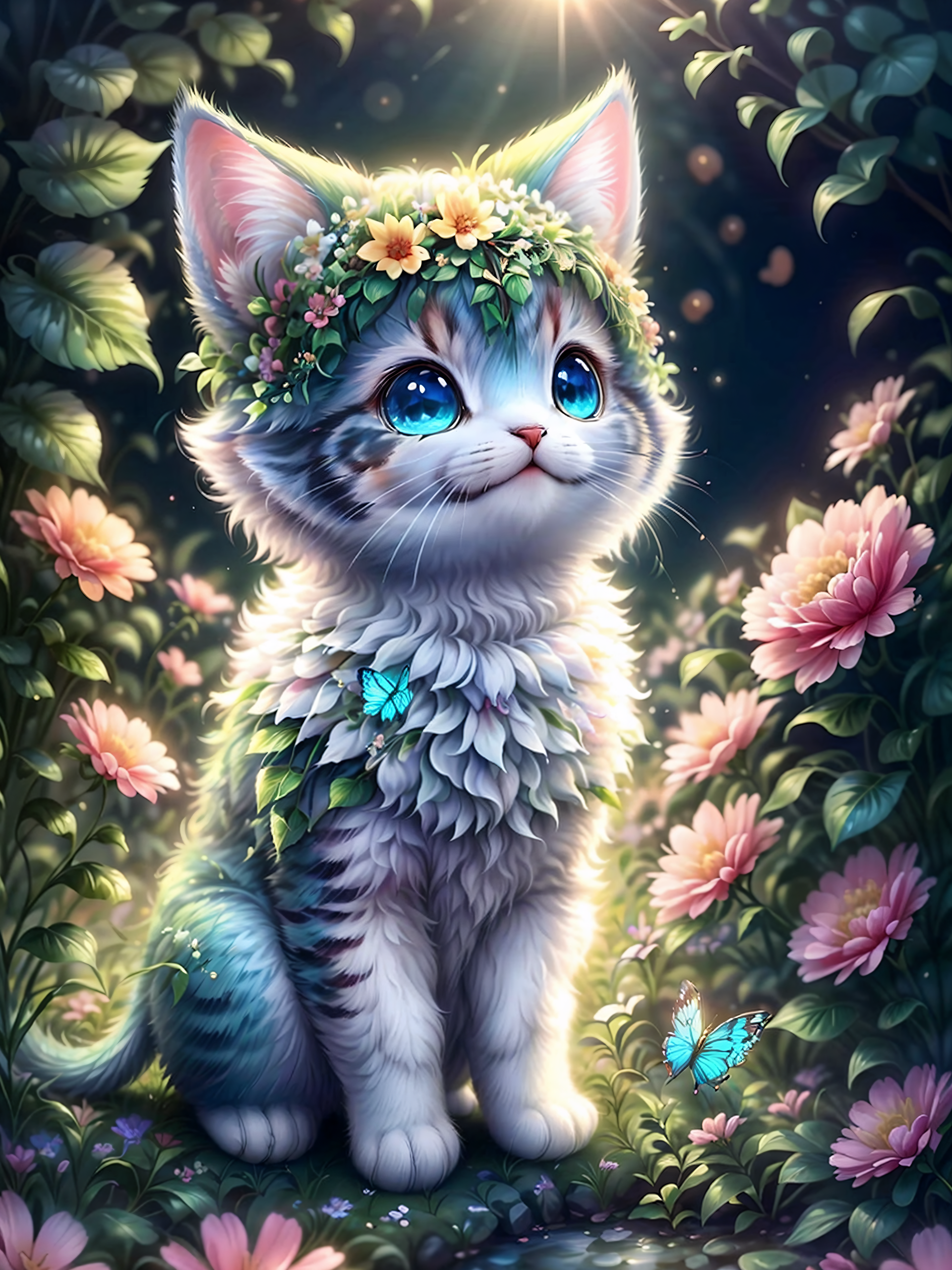 ReV Animated prompt: <lora:supercutecat:0.8> a cute cat , sunlight, garden , flowers, butterfly, lady...