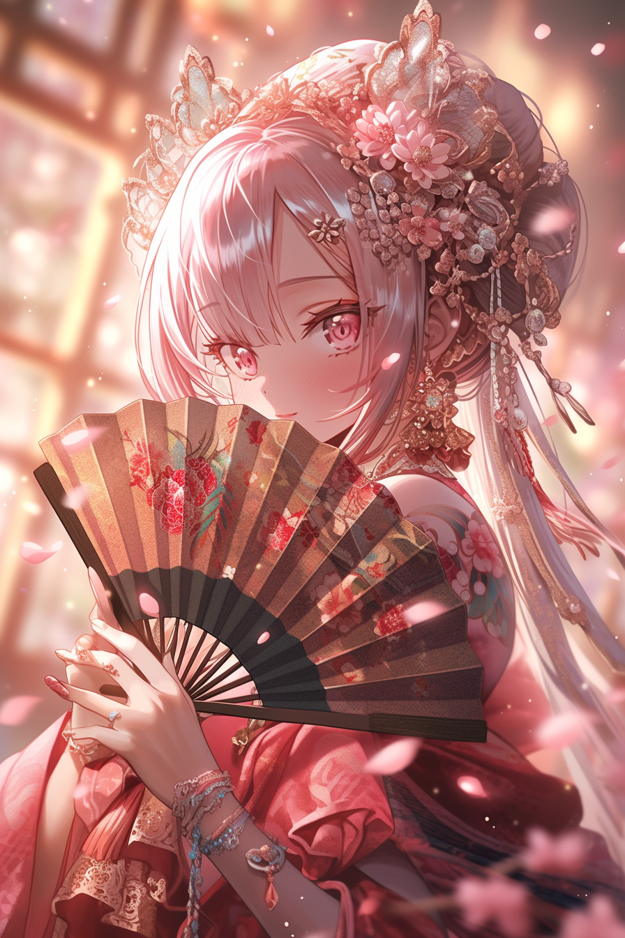 Midjourney prompt: A curious French anime character in soft pink armor, holding cherry blossom patt...