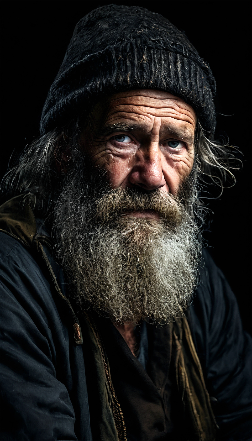 Juggernaut XL prompt: An image of a very tired old man, fisherman, long beard, black background settin...