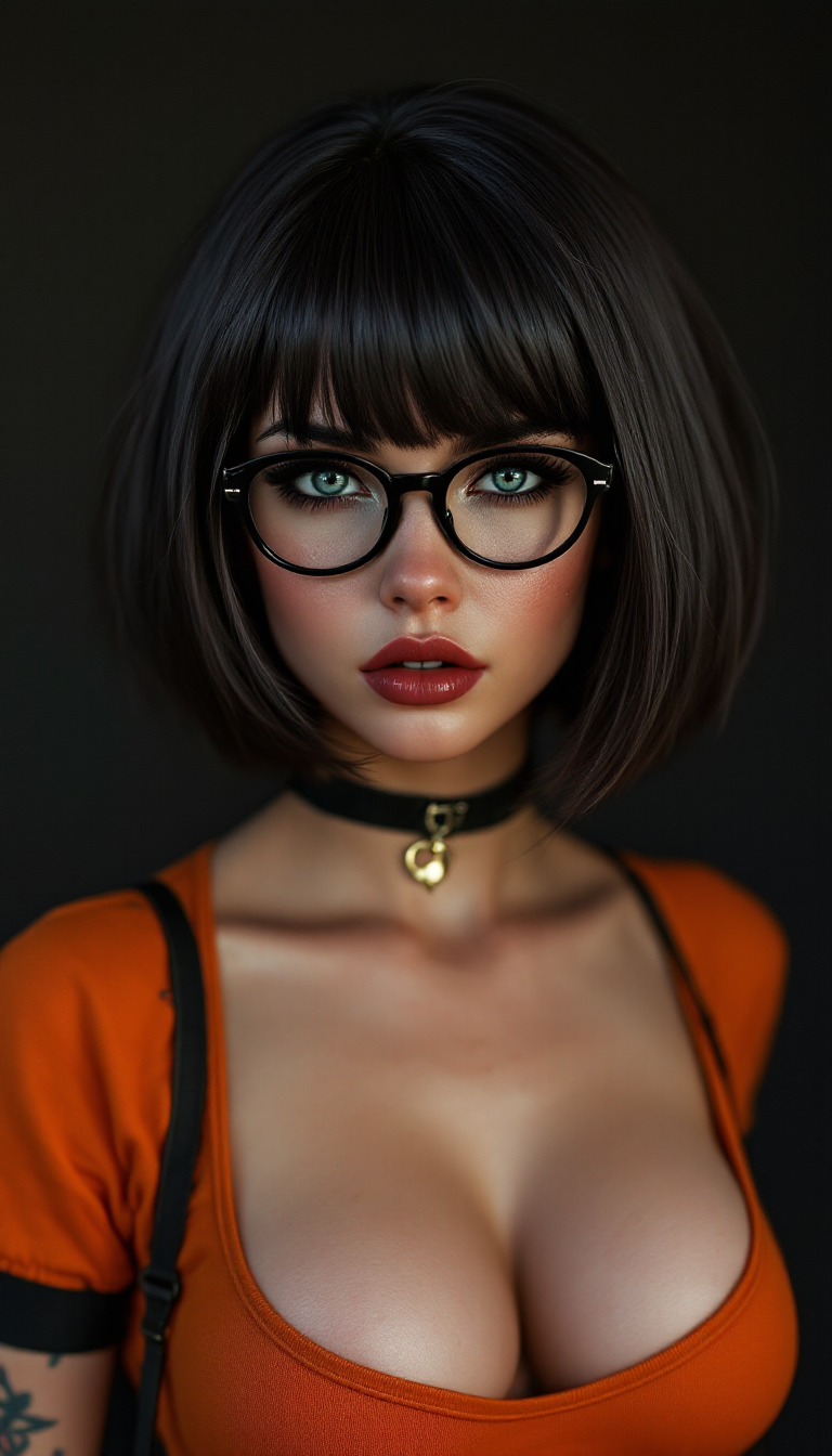 FLUX prompt: Photo of a ultra realistic of velma from scooby-doo (20 years), very sultry look...