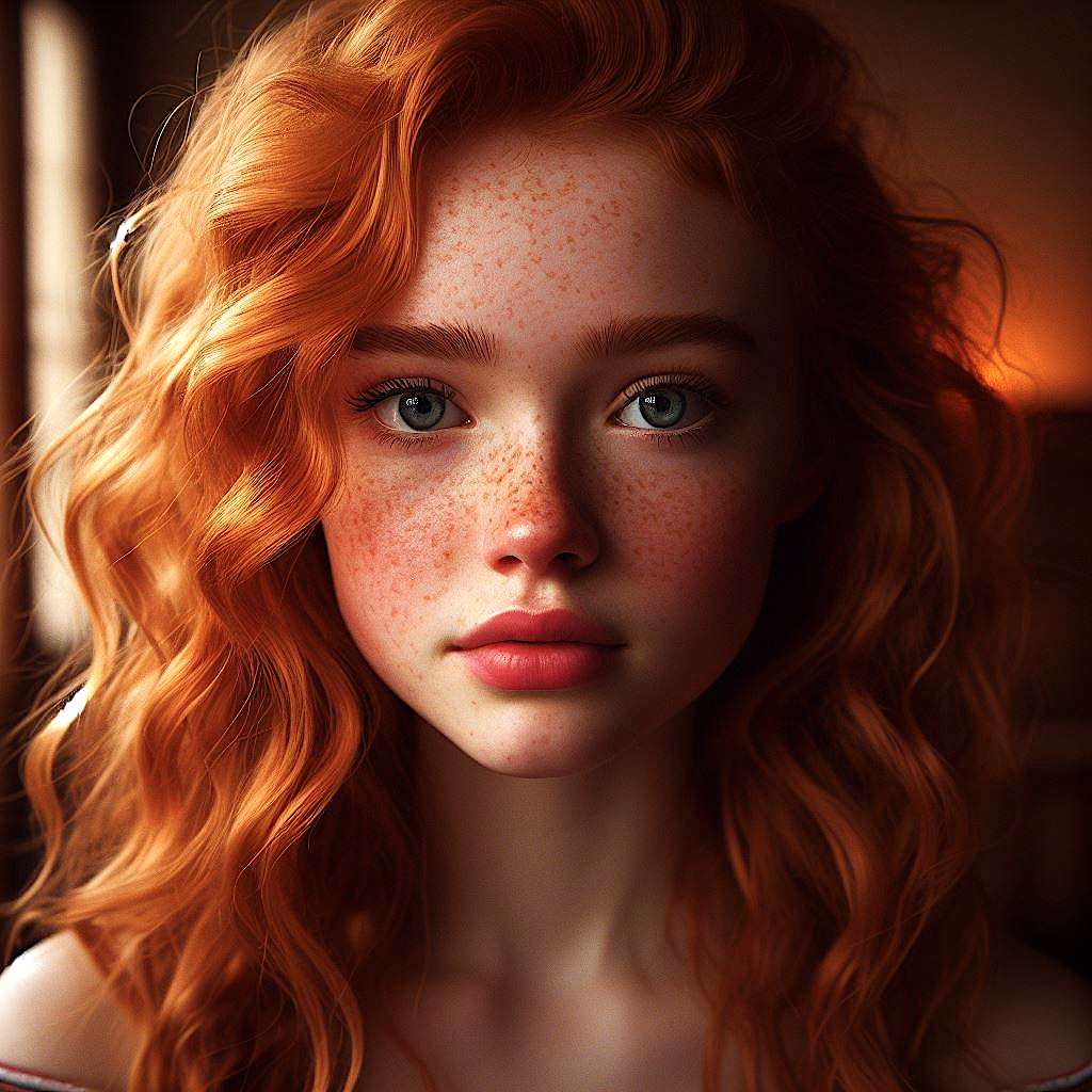 Realistic Vision V2.0 prompt: A realistic portrait of an Irish teen girl with wavy red hair and freckled face,...