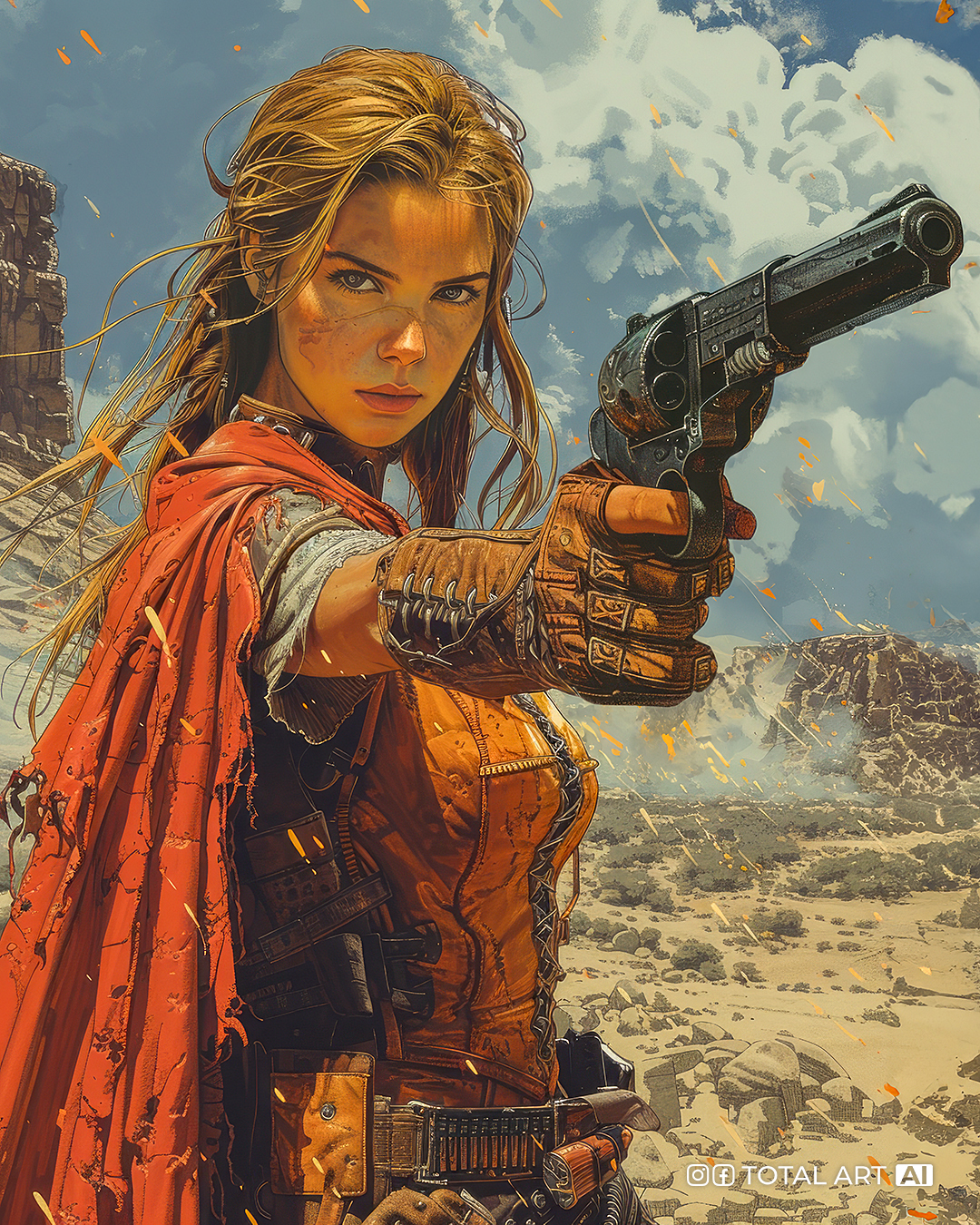 Midjourney prompt: Comic book illustration, full body shot 3/4 view of a gritty post-apocalyptic yo...