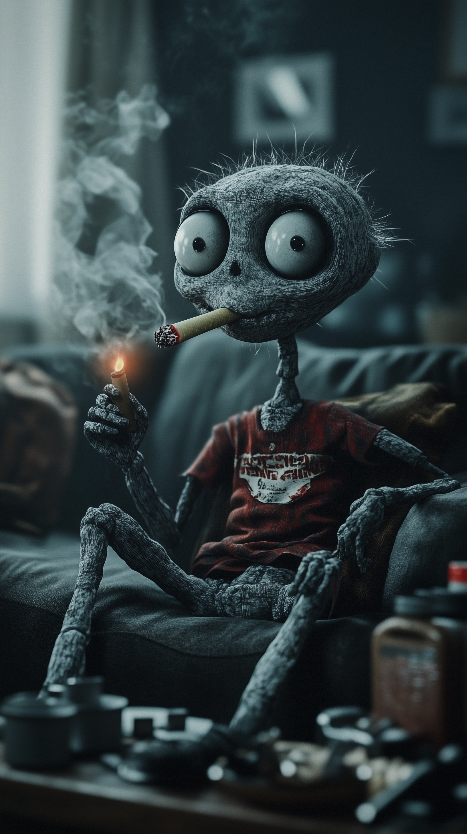 Midjourney prompt: Gray, skeletal cartoon character, sitting on a dark couch, smoking a cigar, with...