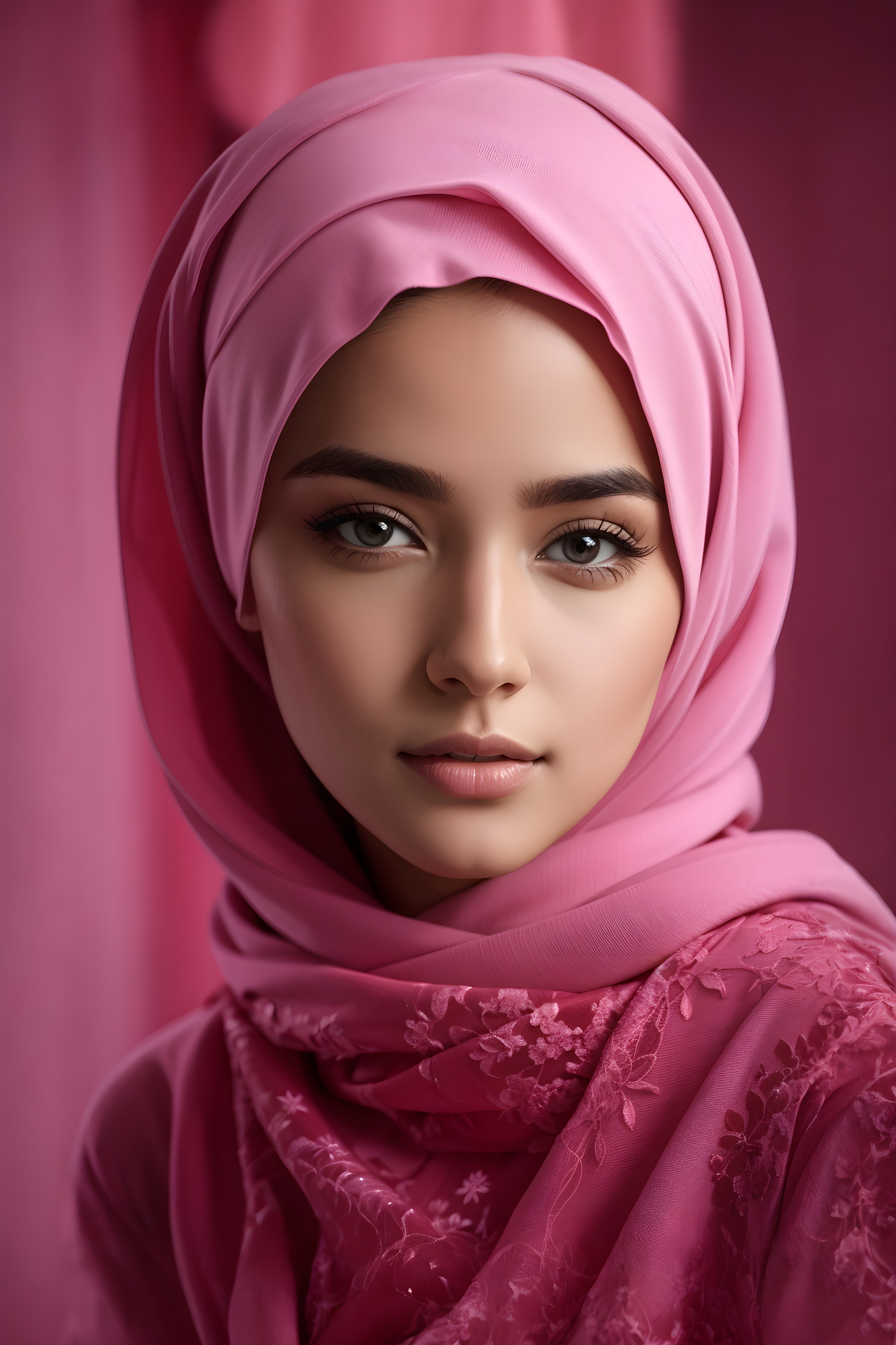 DreamShaper prompt: Create a realistic style portrait of a gorgeous Turkish muslim women wearing pin...