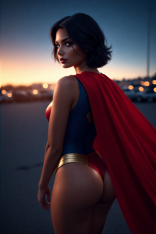 ChatGPT Image prompt: photo of supergirl in a supergirl costume with a red cape on her back, black hai...