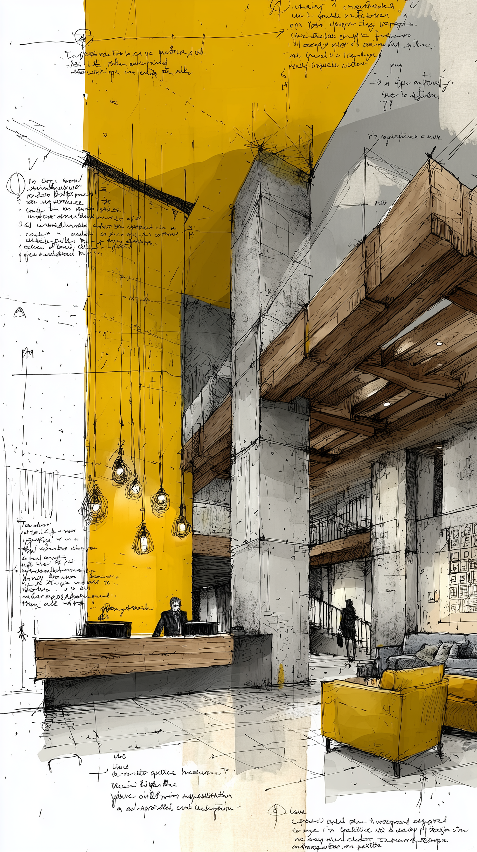 Midjourney prompt: hand drawing, architectural brutalistic hotel lobby interior, featuring a alignm...