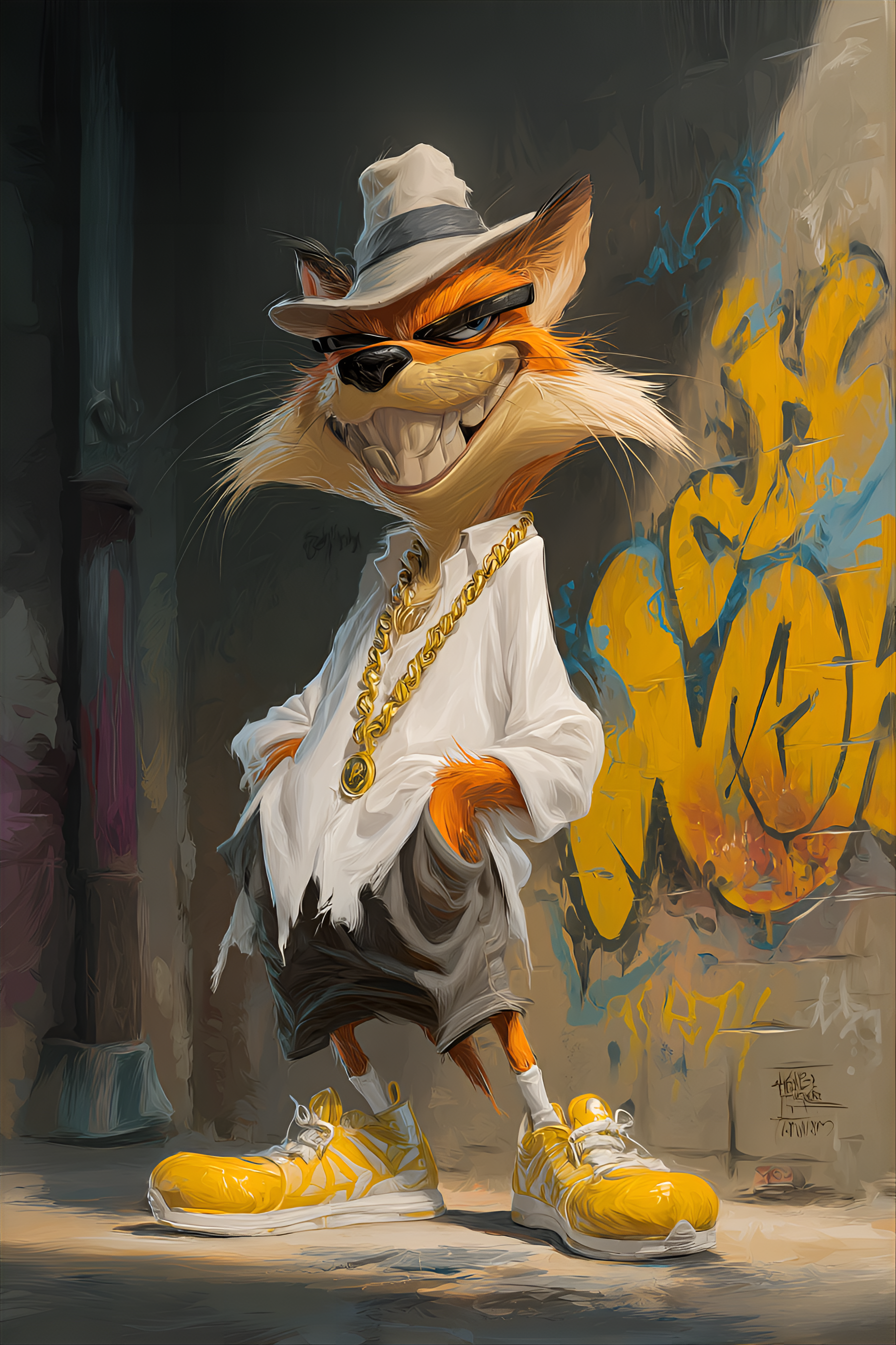 Midjourney prompt: funny caricature, gangster fox character caricature, elderly european male, 67 y...