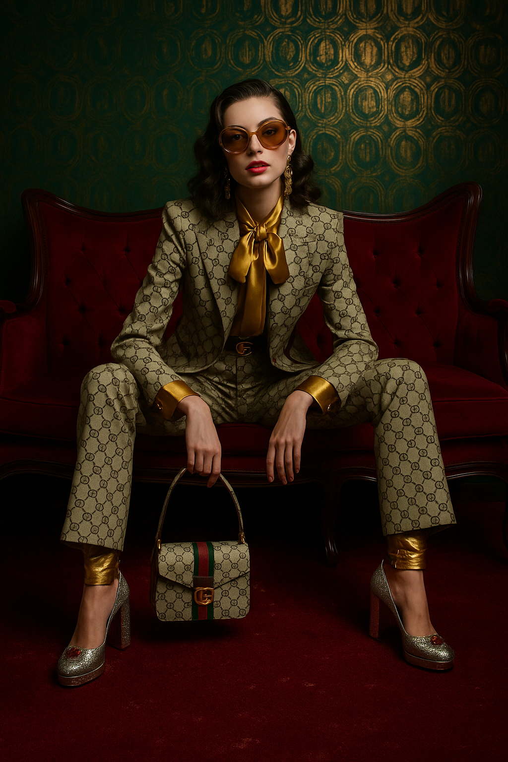 ChatGPT Image prompt: { "scene": { "type": "fashion editorial", "theme": "Gucci vintage luxury", "sett...