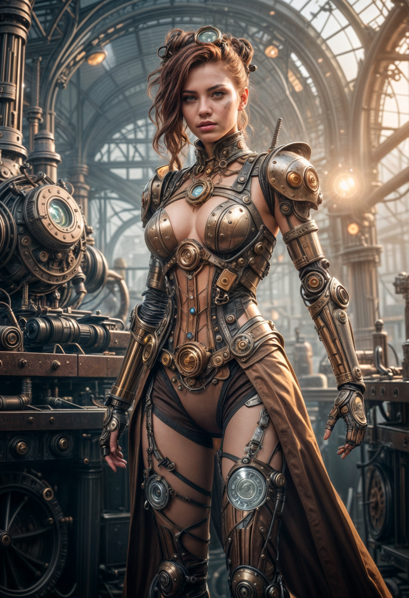 Stable Diffusion prompt: electric cyborg in a steampunk world,full body,lensflare,misty,steam,intricate d...
