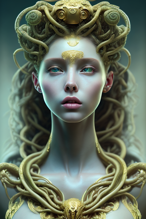 Openjourney prompt: mdjrny-v4 style Medusa, greek mythology, young female face, green aesthetic, you...