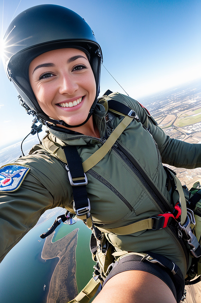 Realistic Vision V2.0 prompt: female parachutist, jumping from plane, smile, selfie, motion, full body visible...