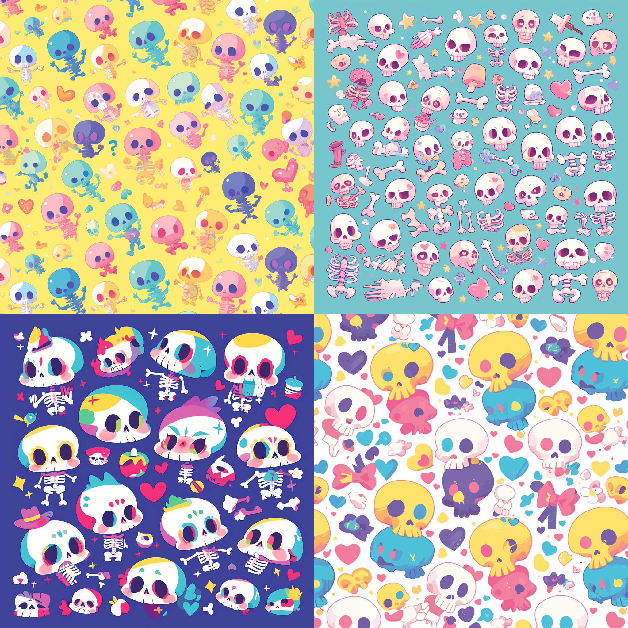 Midjourney prompt: A vector pattern of cute cartoon a human full body skeleton, vibrant colors, in ...