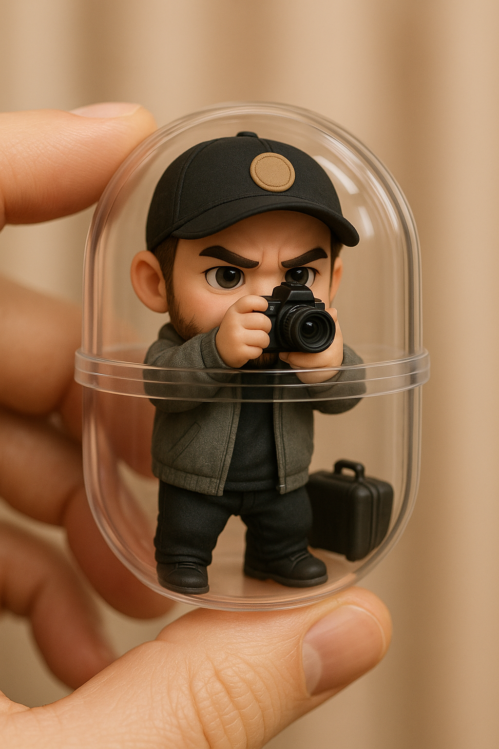 ChatGPT Image prompt: { "subject": { "type": "chibi figurine", "gender": "male", "expression": "focuse...