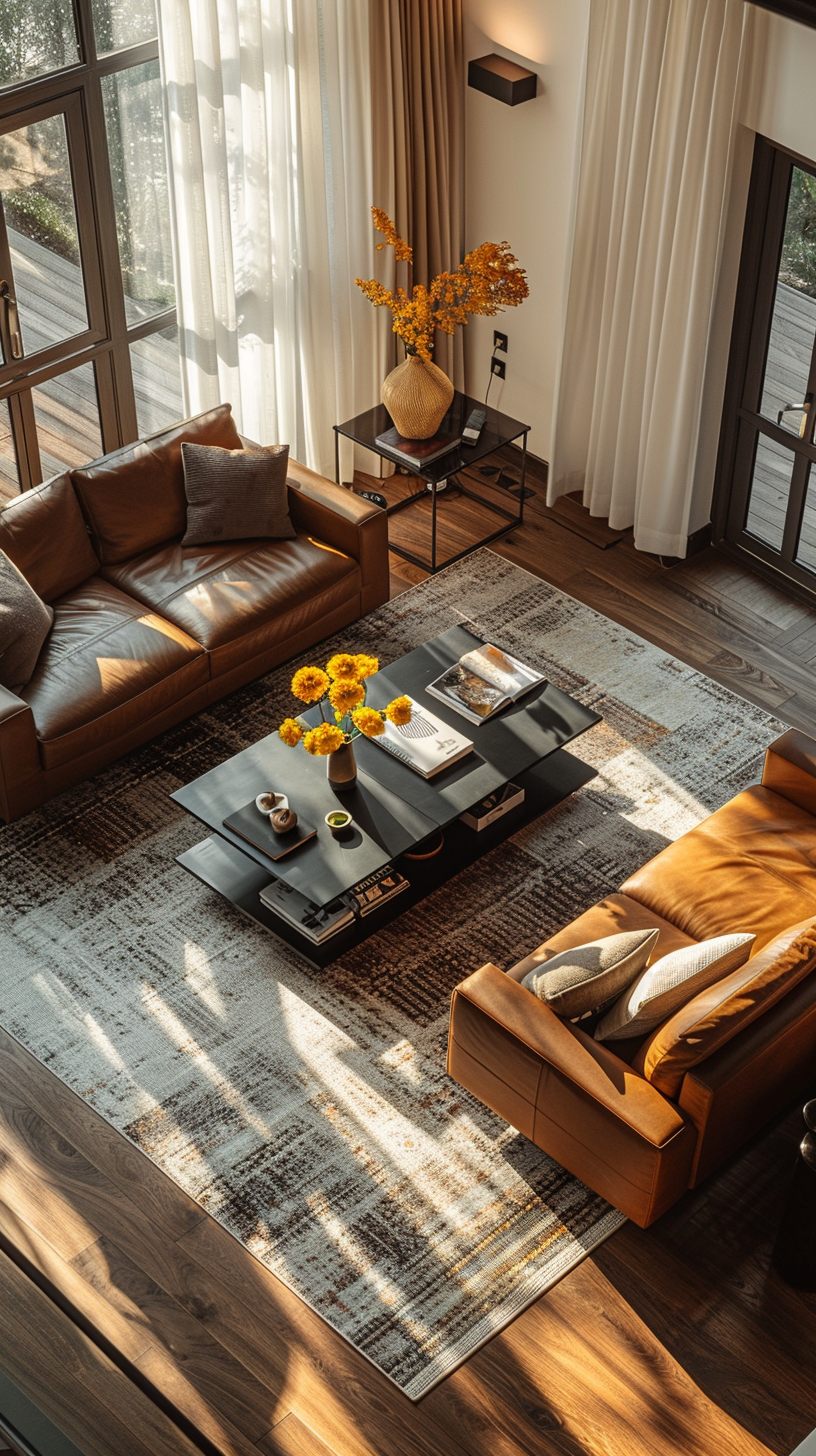 Midjourney prompt: photography, minimalist, aerial shot, apartment living room, full-frame DSLR cam...