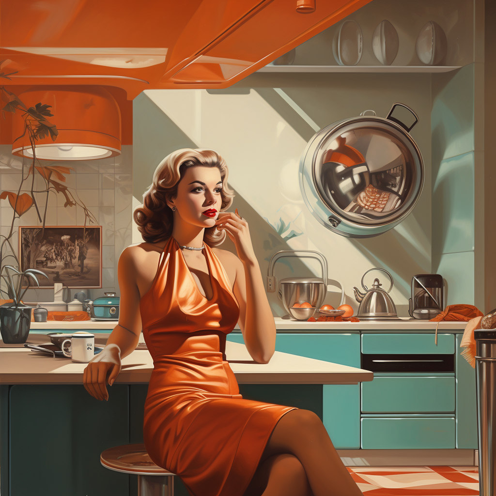 Midjourney prompt: 50’s style kitchen with woman from the future
