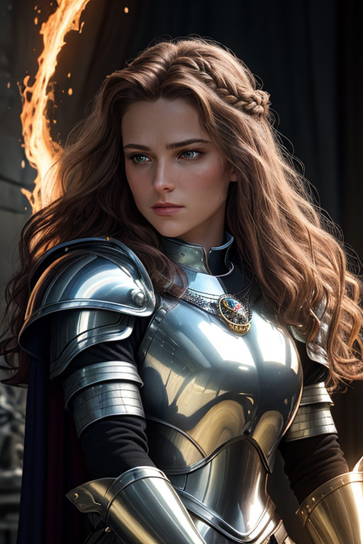 Stable Diffusion prompt: A portrait of a young beautiful joan of arc, cinematic, log hair, shiny metallic...