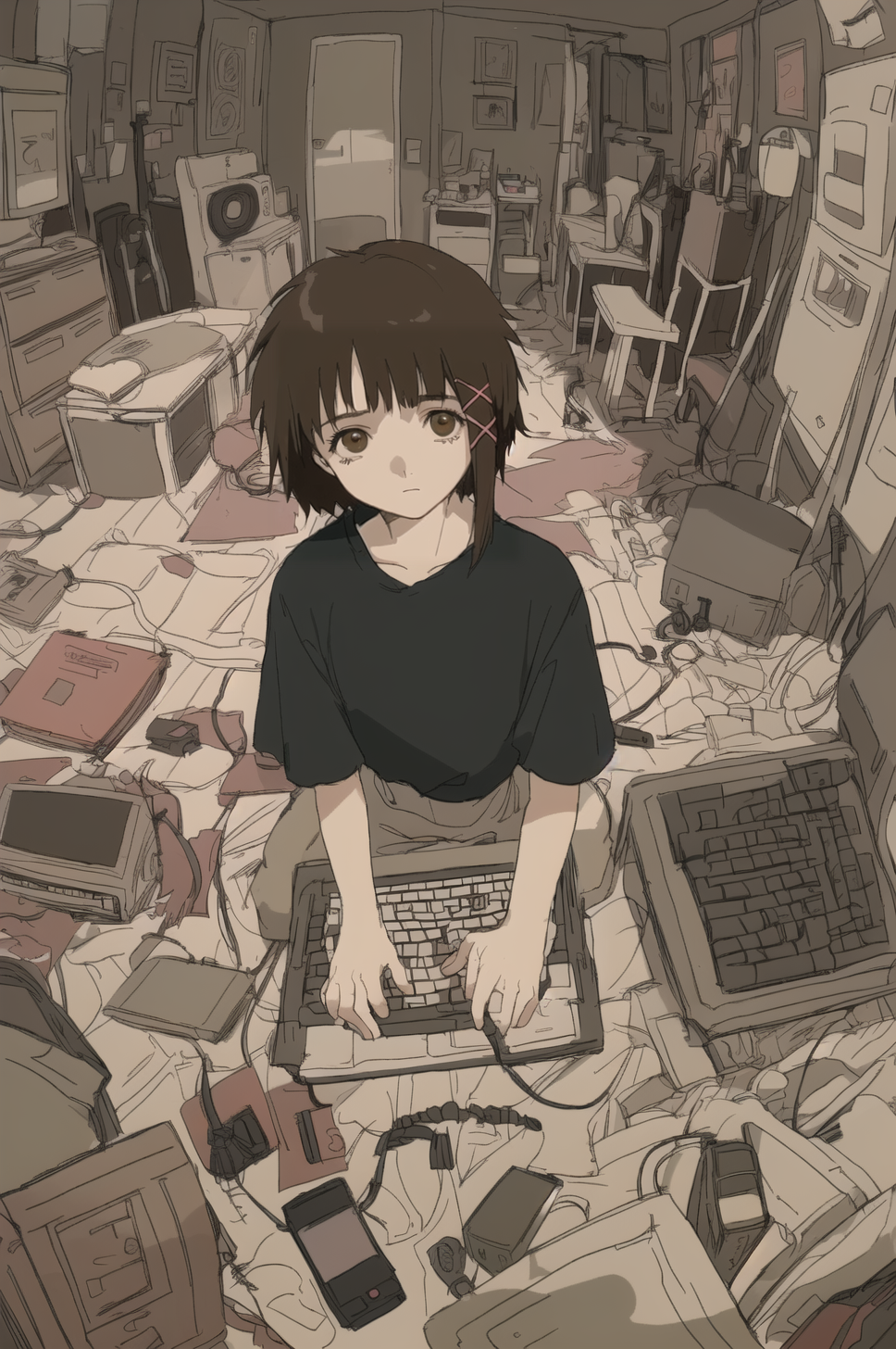 Stable Diffusion prompt: Jeremy Mann, 1 girl , solo, sitting, john berkey,messy room, (iwl:1.3),looking a...
