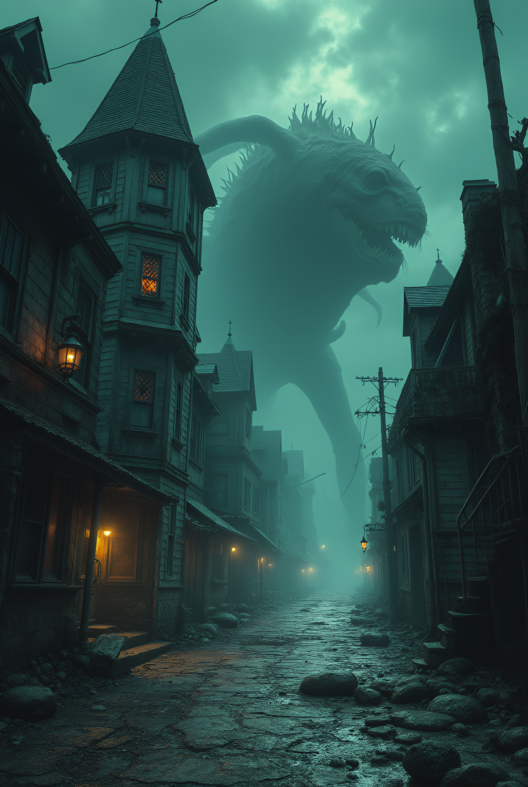 FLUX prompt: Innsmouth,Coastal Town,Decaying Architecture,Eldritch Horror,Fish-like Inhabitan...