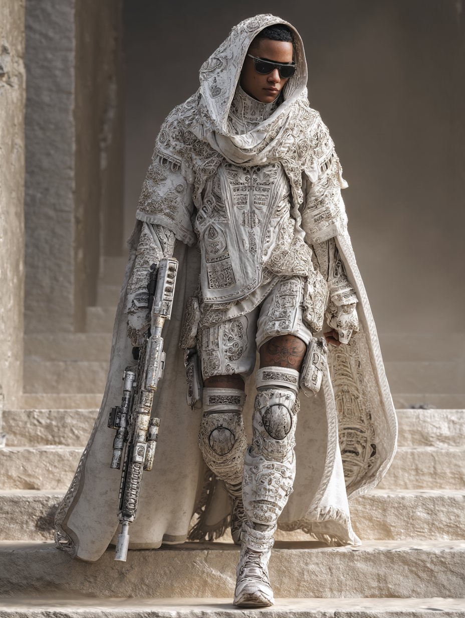 Midjourney prompt: Dark-skinned female figure, approximately 25 years old, wearing a full-body, orn...