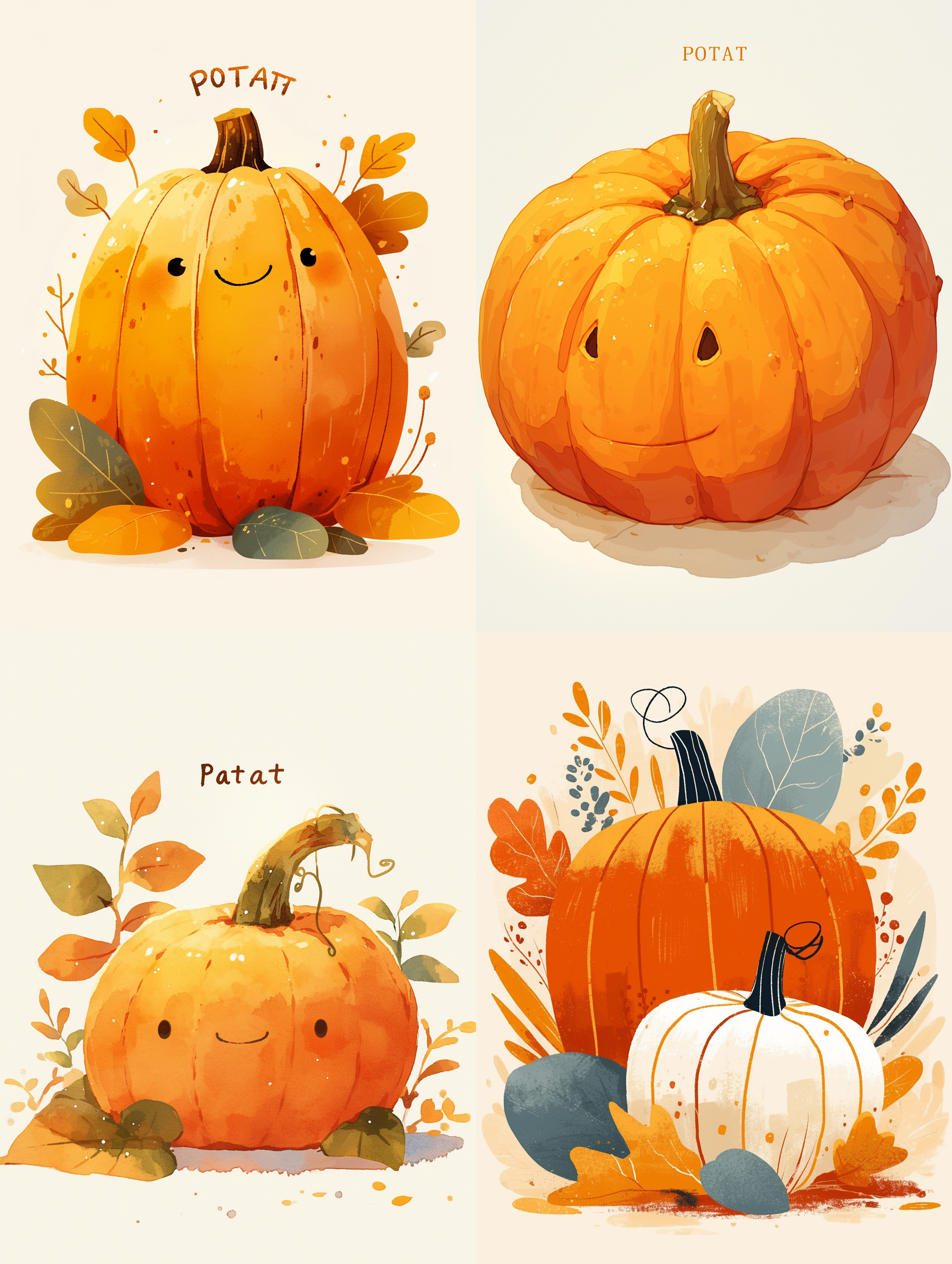 Midjourney prompt: a simple abstract cute pumpkin on its side with text above that says potat with ...