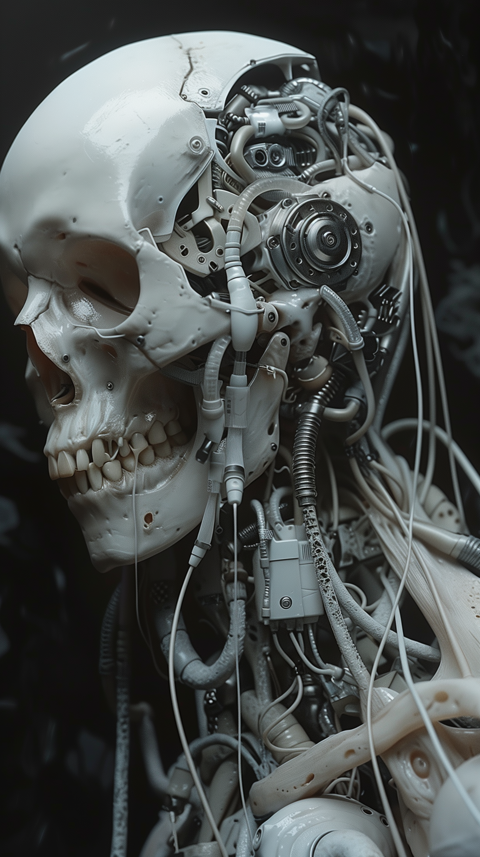 Midjourney prompt: highly detailed image of a cybernetic skull, combining elements of both organic ...
