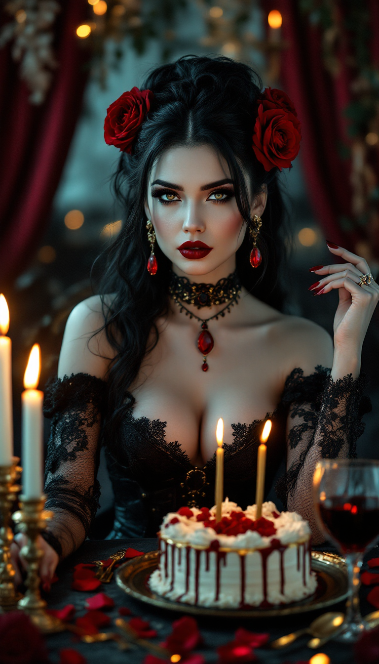 FLUX prompt: Gothic birthday celebration, a stunning gothic woman with pale flawless skin, de...