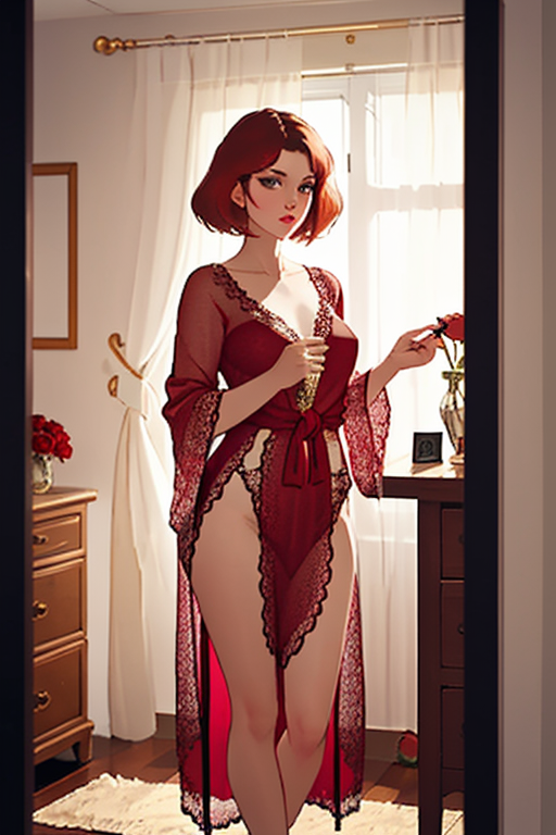 Stable Diffusion prompt: Create an elegant boudoir scene featuring a red-haired woman dressed in a sheer ...
