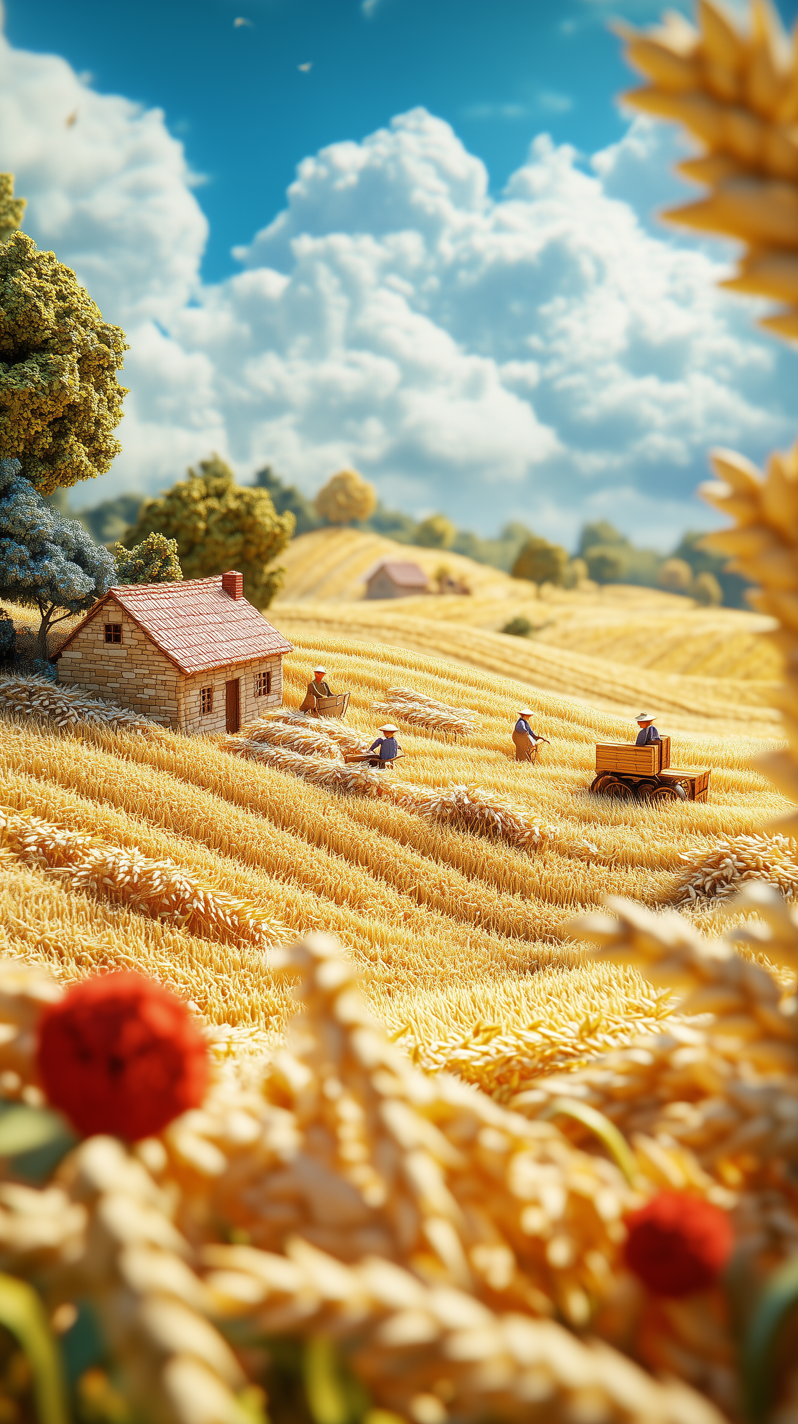 Midjourney prompt: 3D miniature scene, summer, countryside, endlessfield , several farmers are harv...