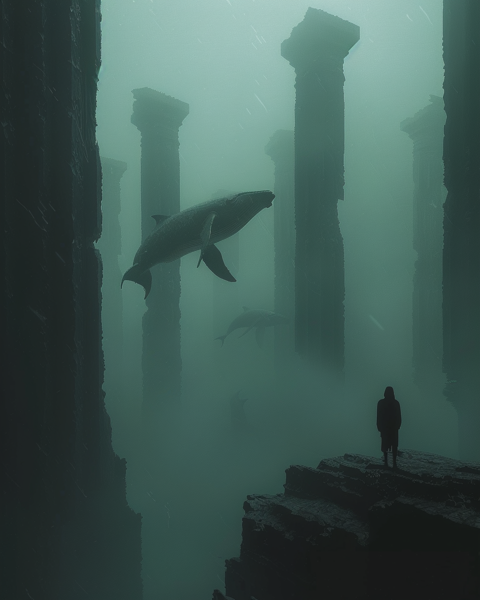 Midjourney prompt: A dark minimalist digital painting with fog, tall columns and flying whales in t...