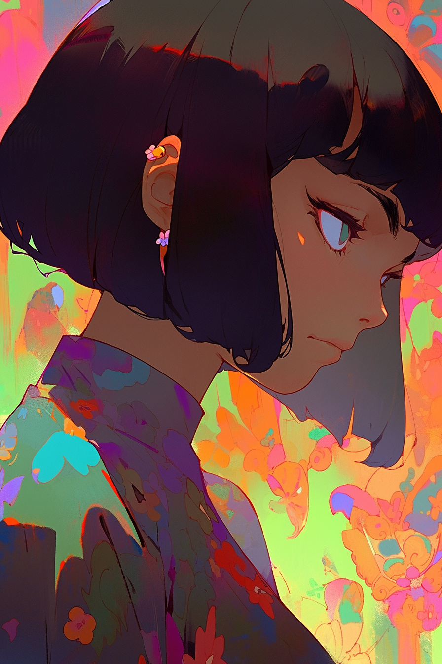 Midjourney prompt: a graceful woman with a short bob cut and captivating green eyes, wearing a navy...