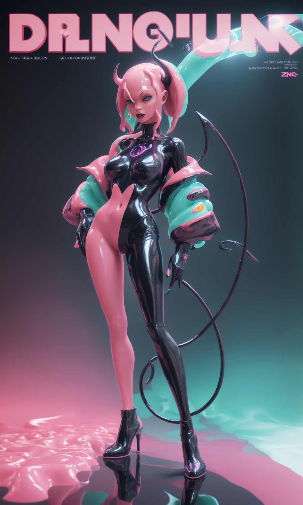 Stable Diffusion prompt: (magazine cover), subject completely depicted in image, (demon slime girl), vibr...
