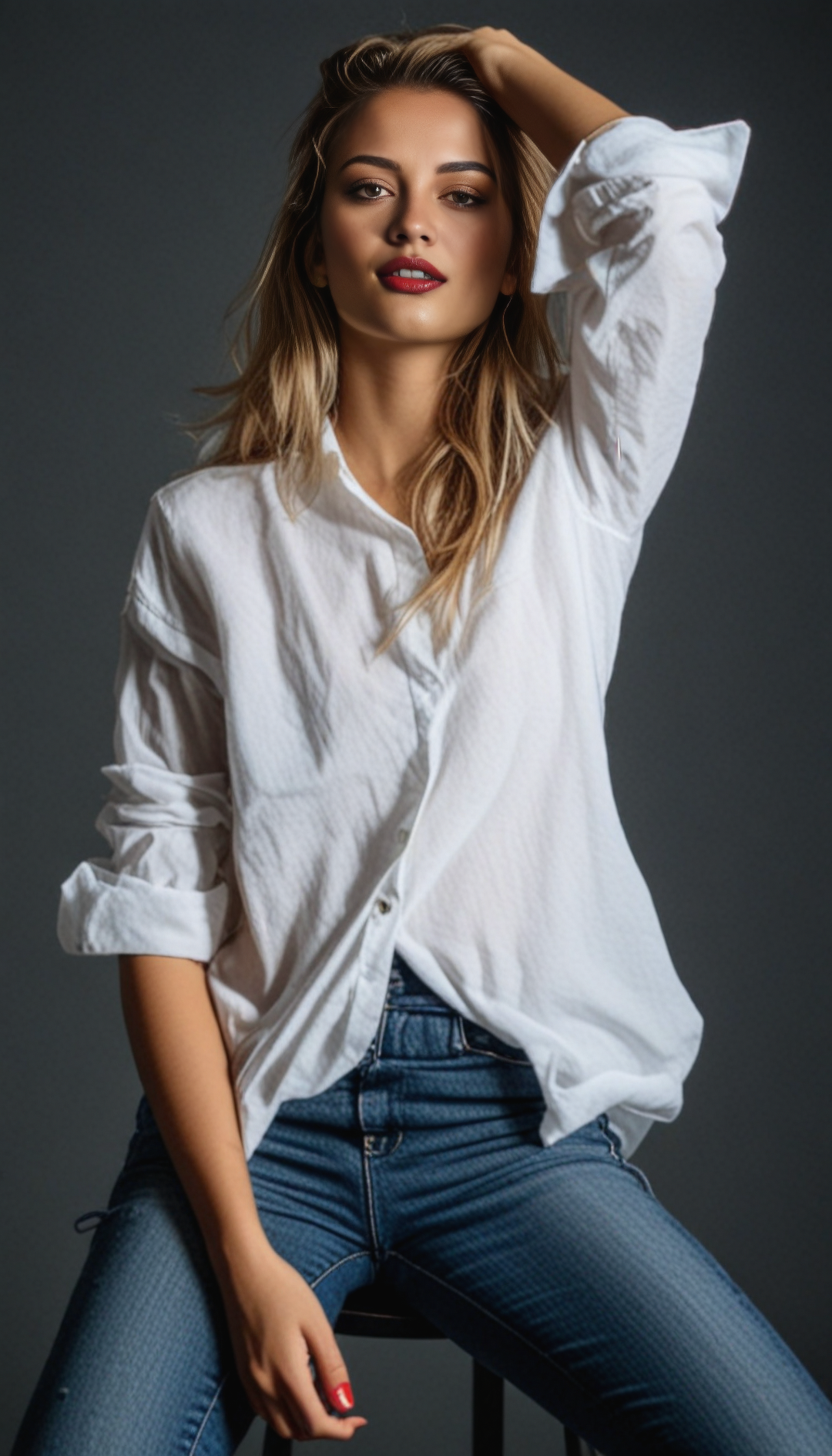 Juggernaut XL prompt: A young woman sits casually on a stool, wearing a loose white button-up shirt wi...