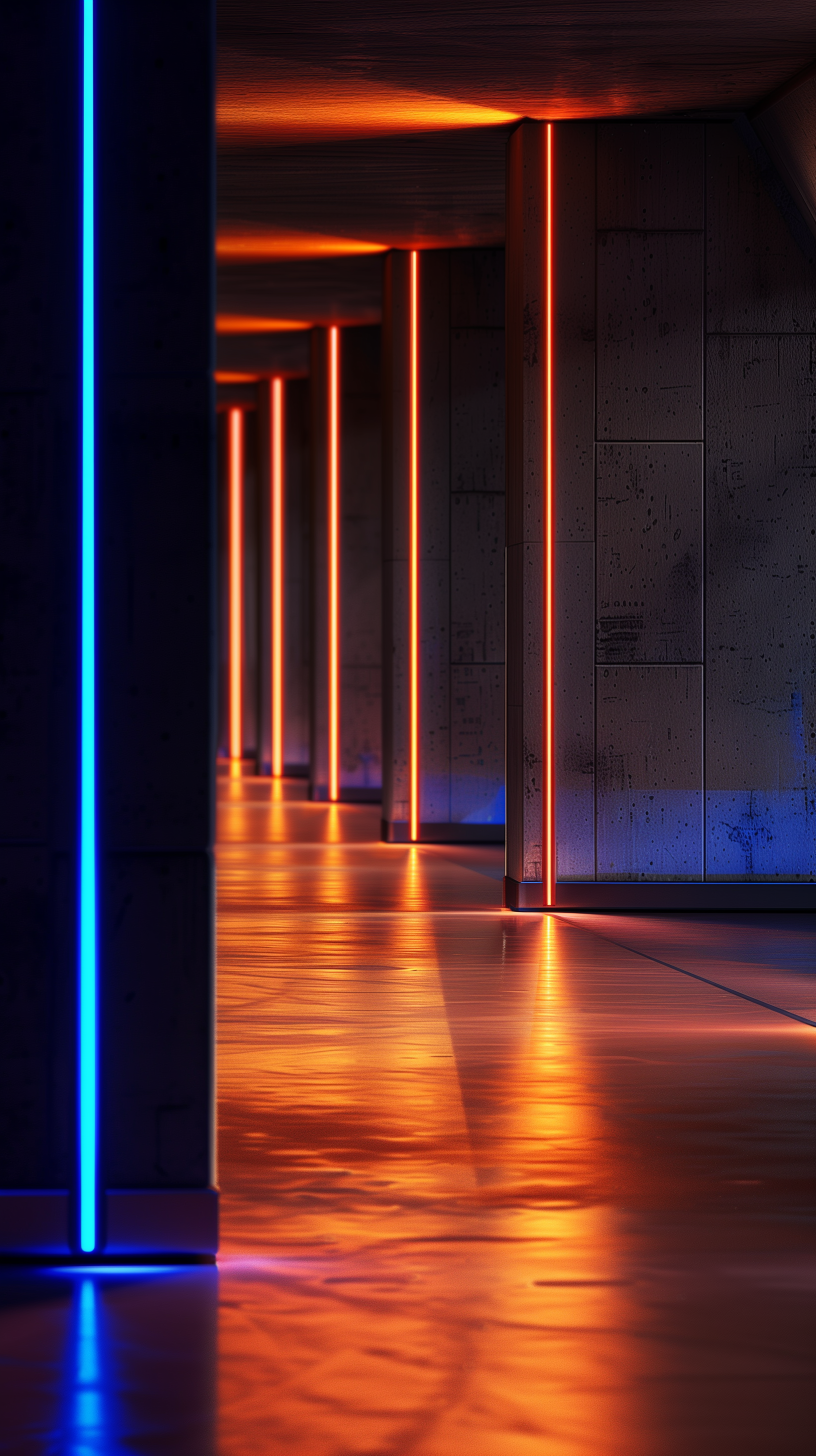 Midjourney prompt: architectural detail featuring striking neon blue lighting strips set against da...