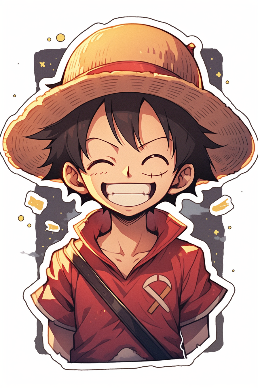 Midjourney prompt: a sticker of Monkey D. Luffy from one piece, straw hat, smirk smile, anime style...