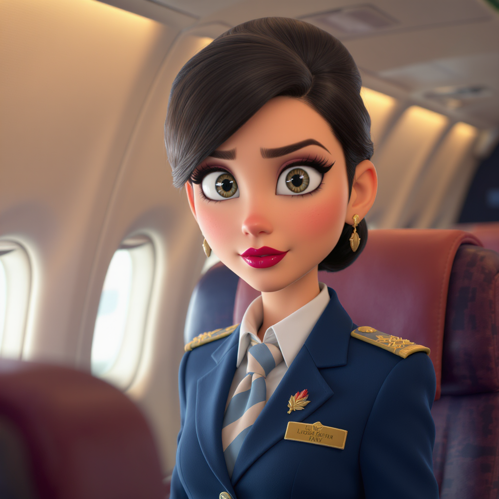 FLUX prompt: A stylized female flight attendant in uniform with a neat hairstyle, expressive ...
