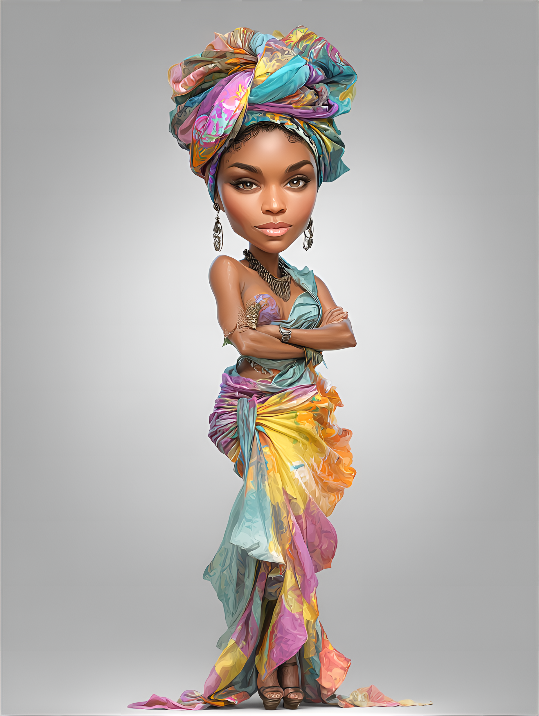 Midjourney prompt: funny caricature, cultural fashion icon caricature, adult african female, 29 yea...
