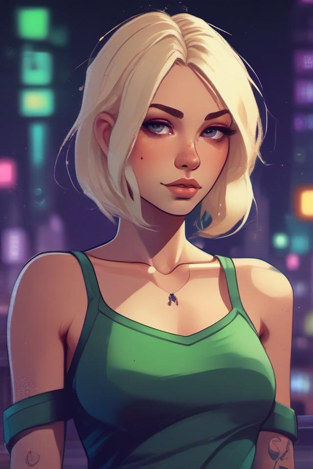 Midjourney prompt: highly detailed portrait of blonde tatto girl mini dress by atey ghailan, by gre...