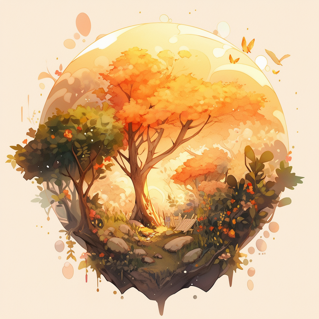 Midjourney prompt: An icon design, 3D, nature icon, tree, golden light, peaceful feeling, earthy co...