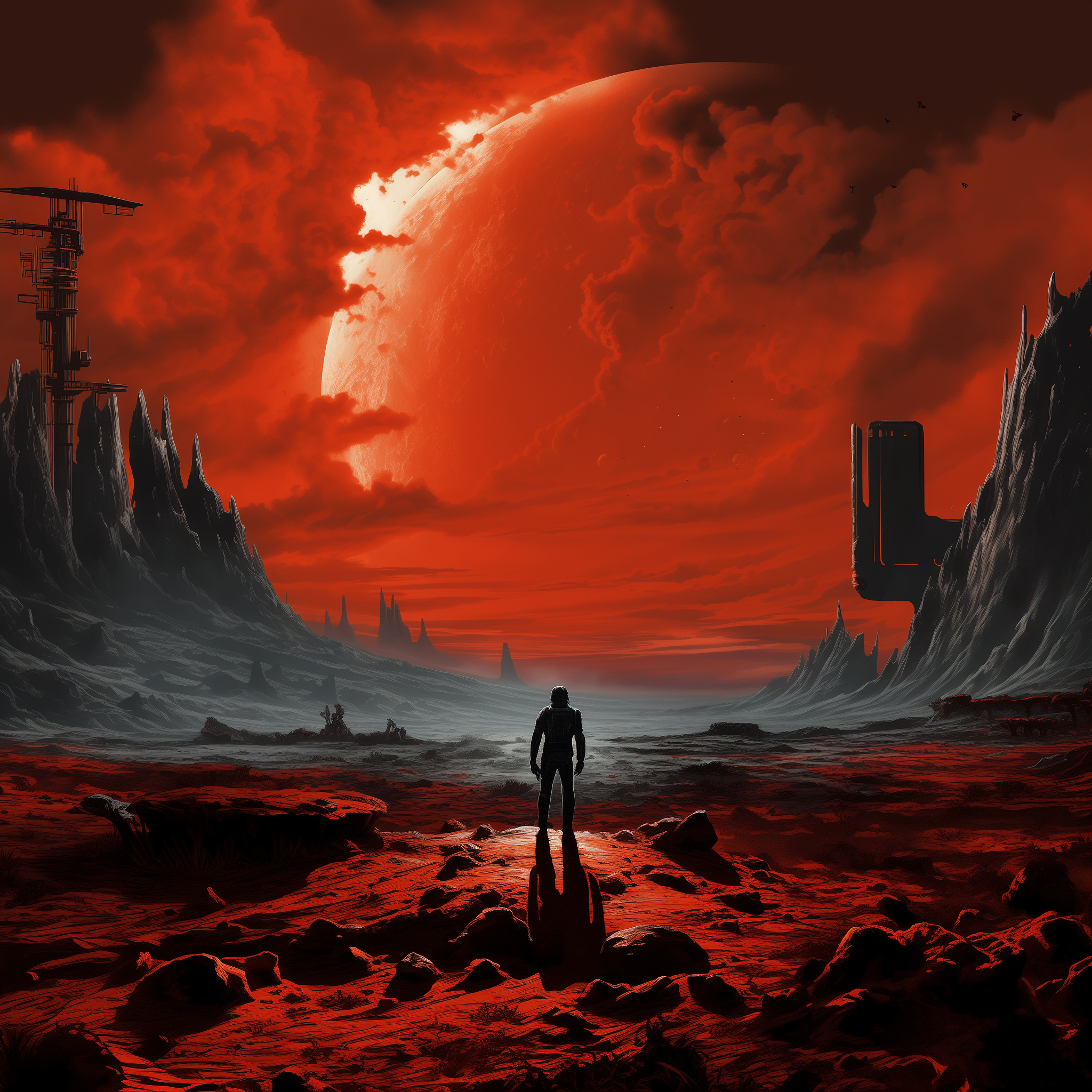 Midjourney prompt: A red landscape on Mars with dark clouds and lightning, in the style of H.R Gige...