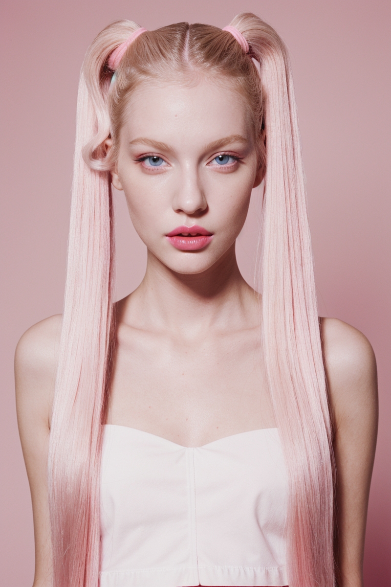 epiCPhotoGasm prompt: Runway Model, Pigtails, candycore hair, pale skin and light pink lips
