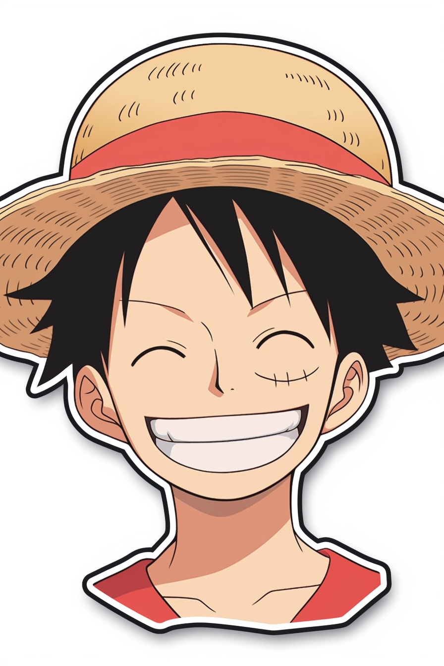 Midjourney prompt: a sticker of Monkey D. Luffy from one piece, straw hat, smirk smile, anime style...