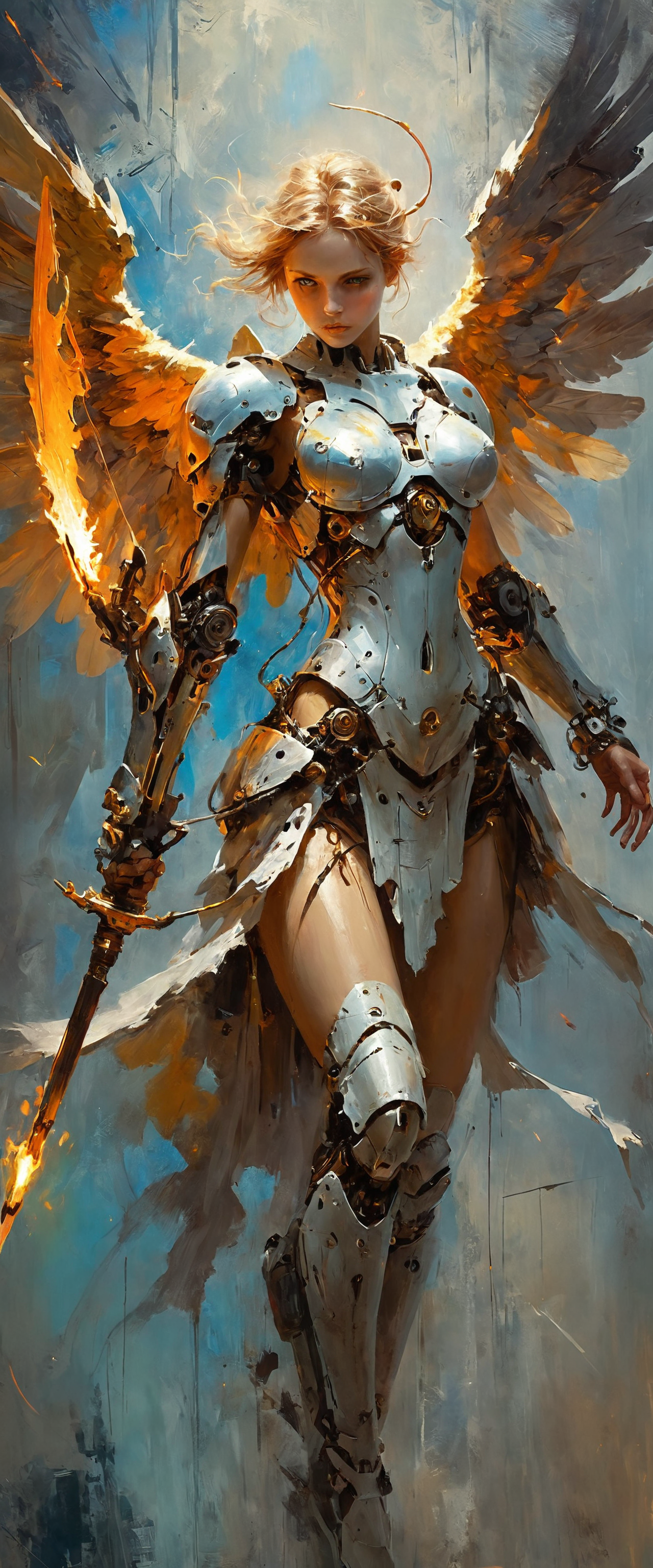 Stable Diffusion prompt: Impressionist painting mechanical angel, dark atmosphere, wielding a magical spe...