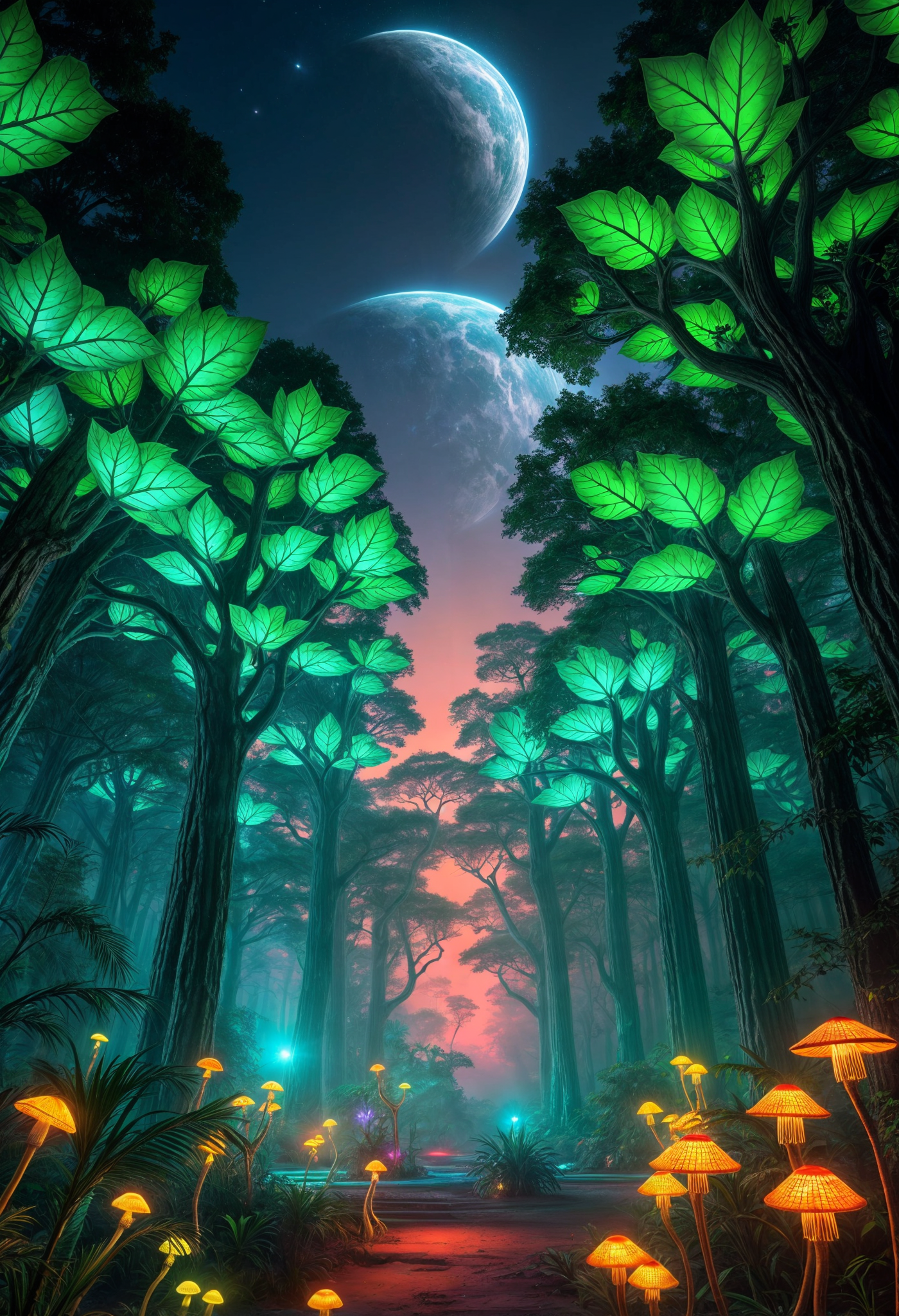 FLUX prompt: A vertical view of an alien jungle, where massive glowing trees with blue and gr...
