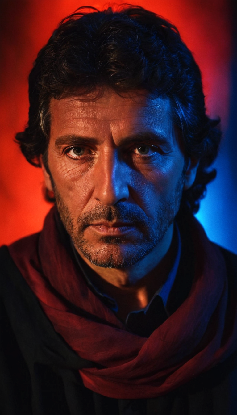 Stable Diffusion prompt: fashion editorial, a portrait of old man is studio red and blue lights in style ...