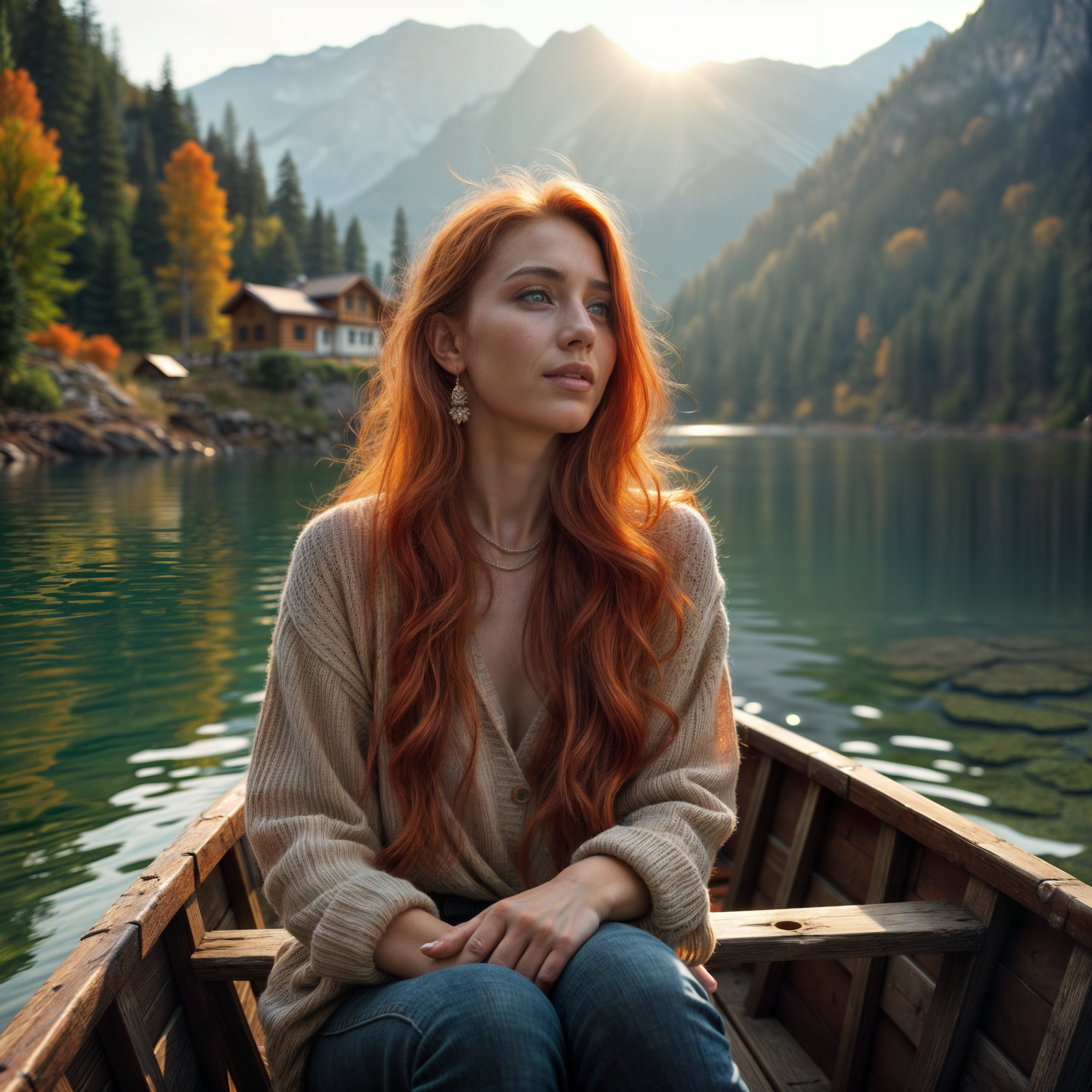 FLUX prompt: A woman with red hair is sitting in a boat on a lake, looking dreamly at the mou...