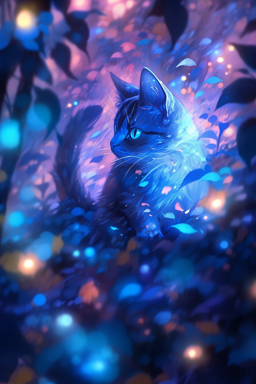Midjourney prompt: Beautiful anime cat dissolving into vibrant blue fabric, surrounded by natural b...
