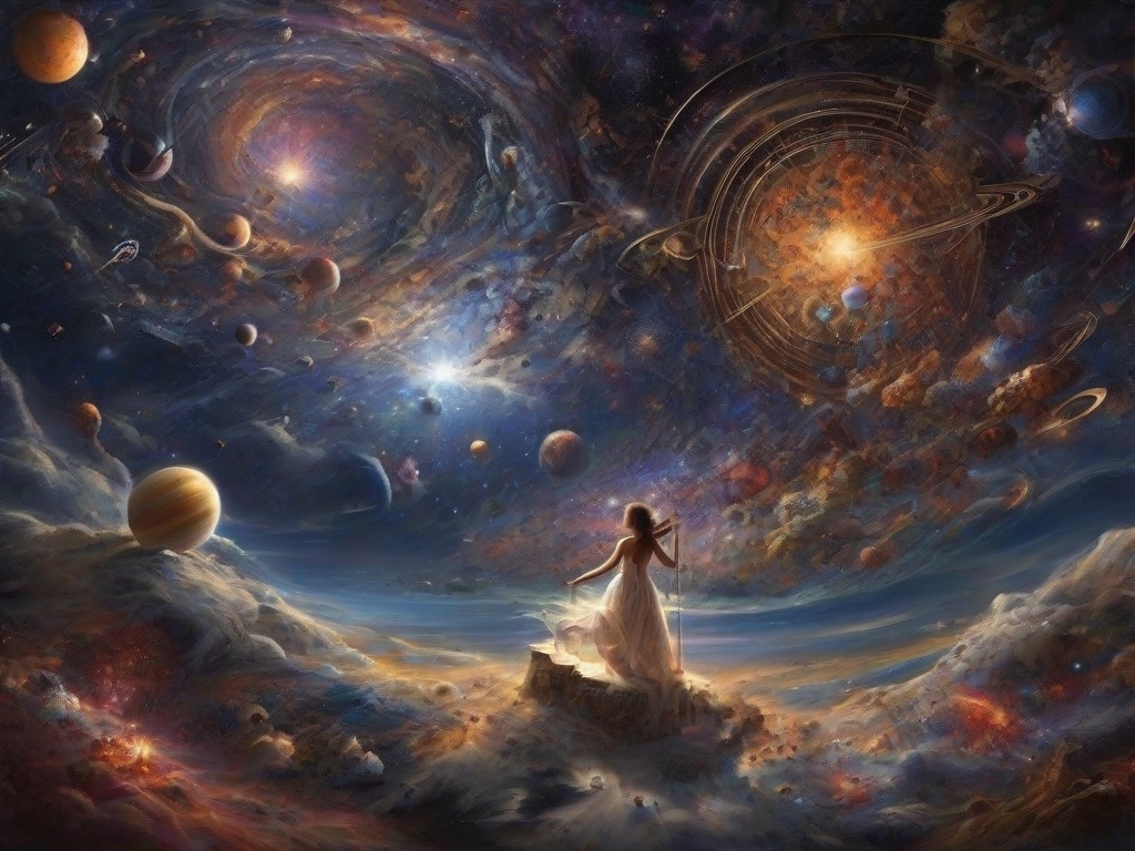 Stable Diffusion prompt: symphony of the universe, visualize an epic scene depicting the harmony of the c...