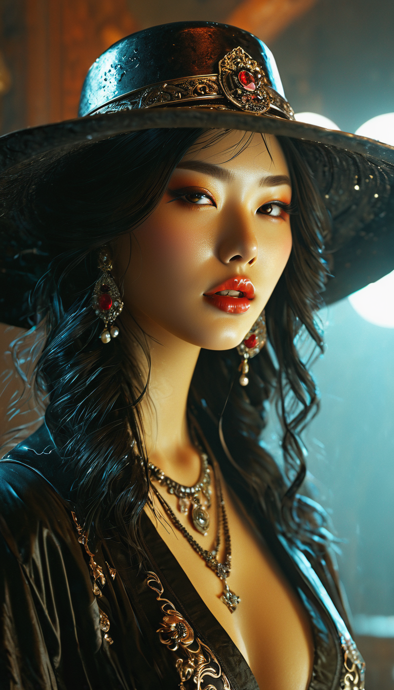 Stable Diffusion prompt: Korean girl embodying the essence of a vampire witch, adorned with a hat and dis...